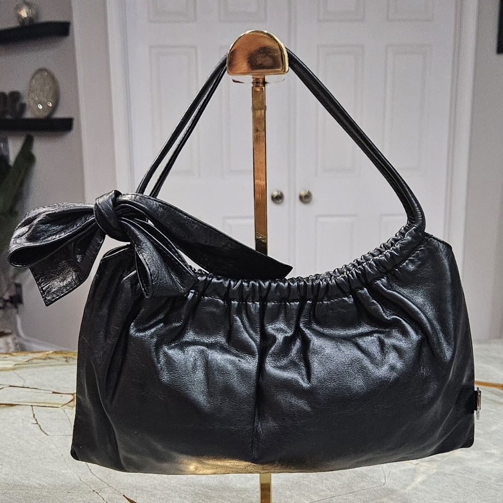 Adolfo Dominguez Black Leather Bow Handbag